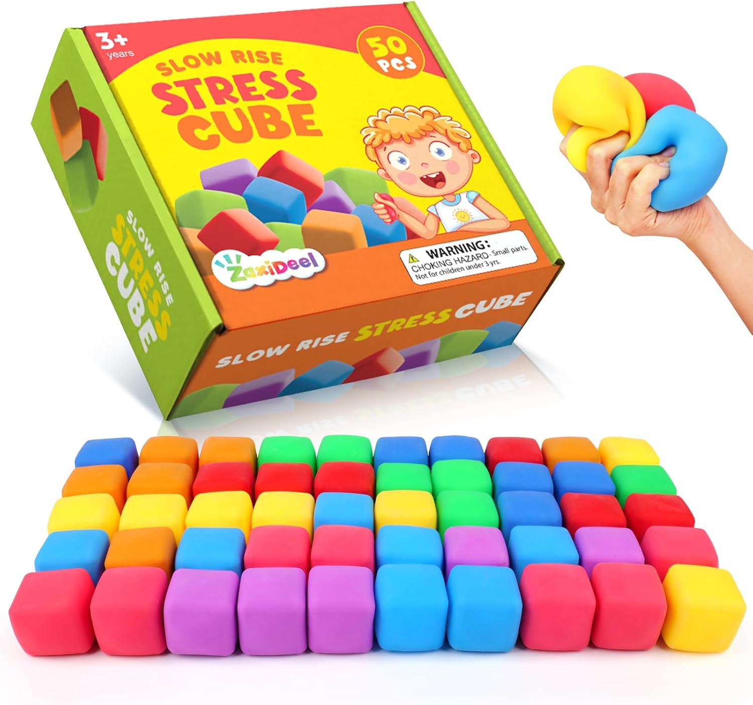 50 Pack Slow Rising Stress Cube: Stretchy Fidget Toys for Anxiety Relief, Large Size Squishy Cube, Pull Stretch Fidgets for Classroom Prize, Classroom Reward for Student (2 Inches)