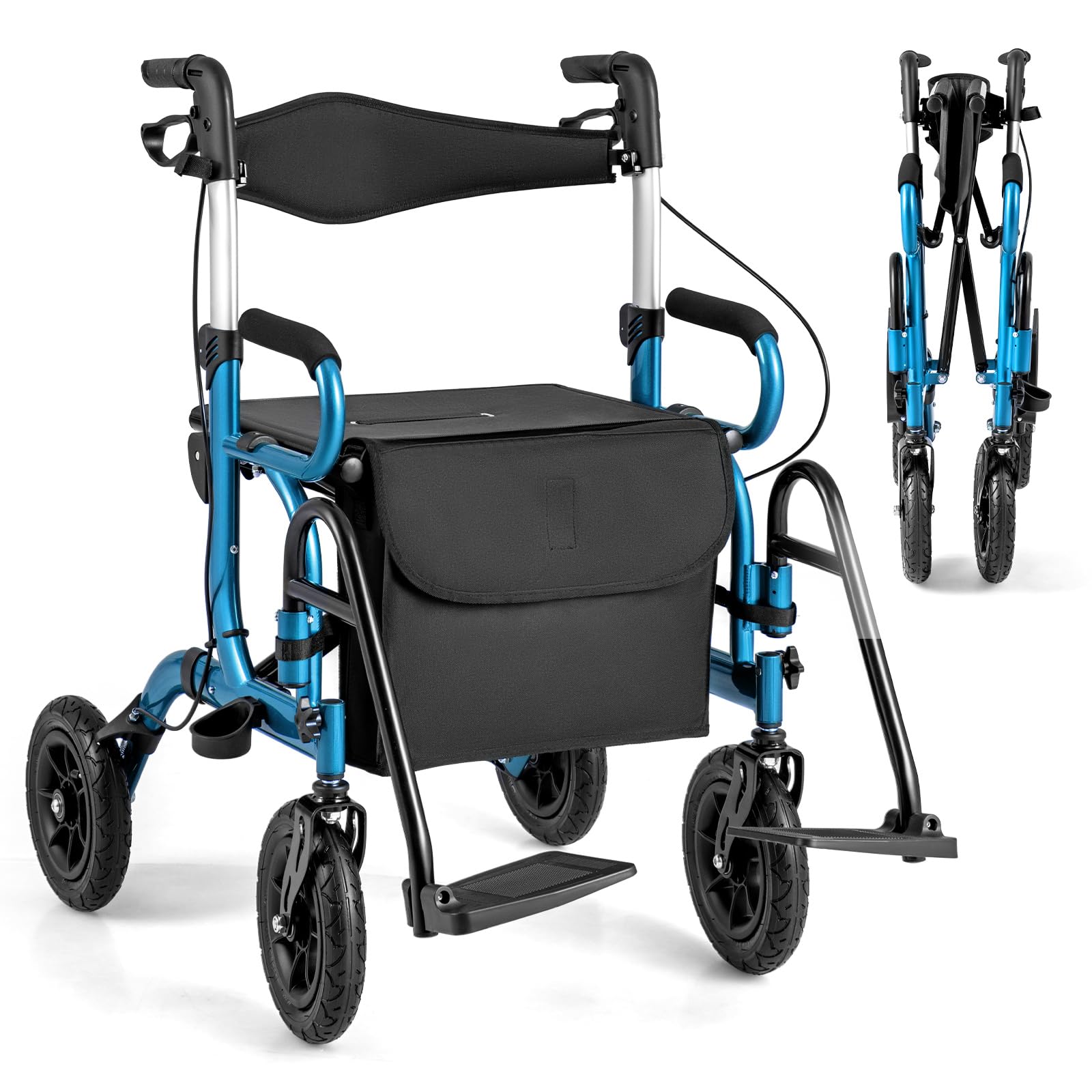 HOMASIS Andador para Ancianos Plegable con 4 Rudas, Caminador Exterior para Idosos con 6 Reposabrazos regulables, Andadores para Adultos, Personas Mayores (azul)