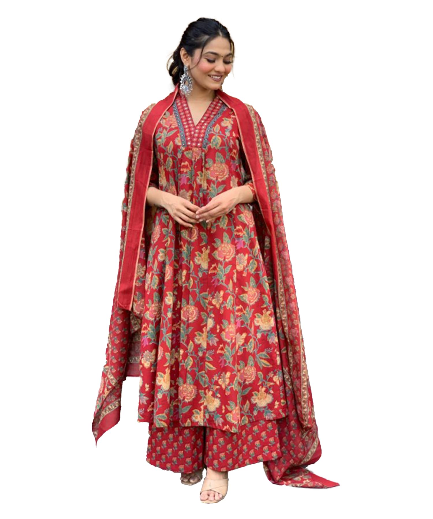 Lookmark Women's Cotton Blend Floral Printed Kurta Plazzo Set With Dupatta Suitable For Every Indian Occasion (Az-Lm-Og-Ks2171 Red-M)