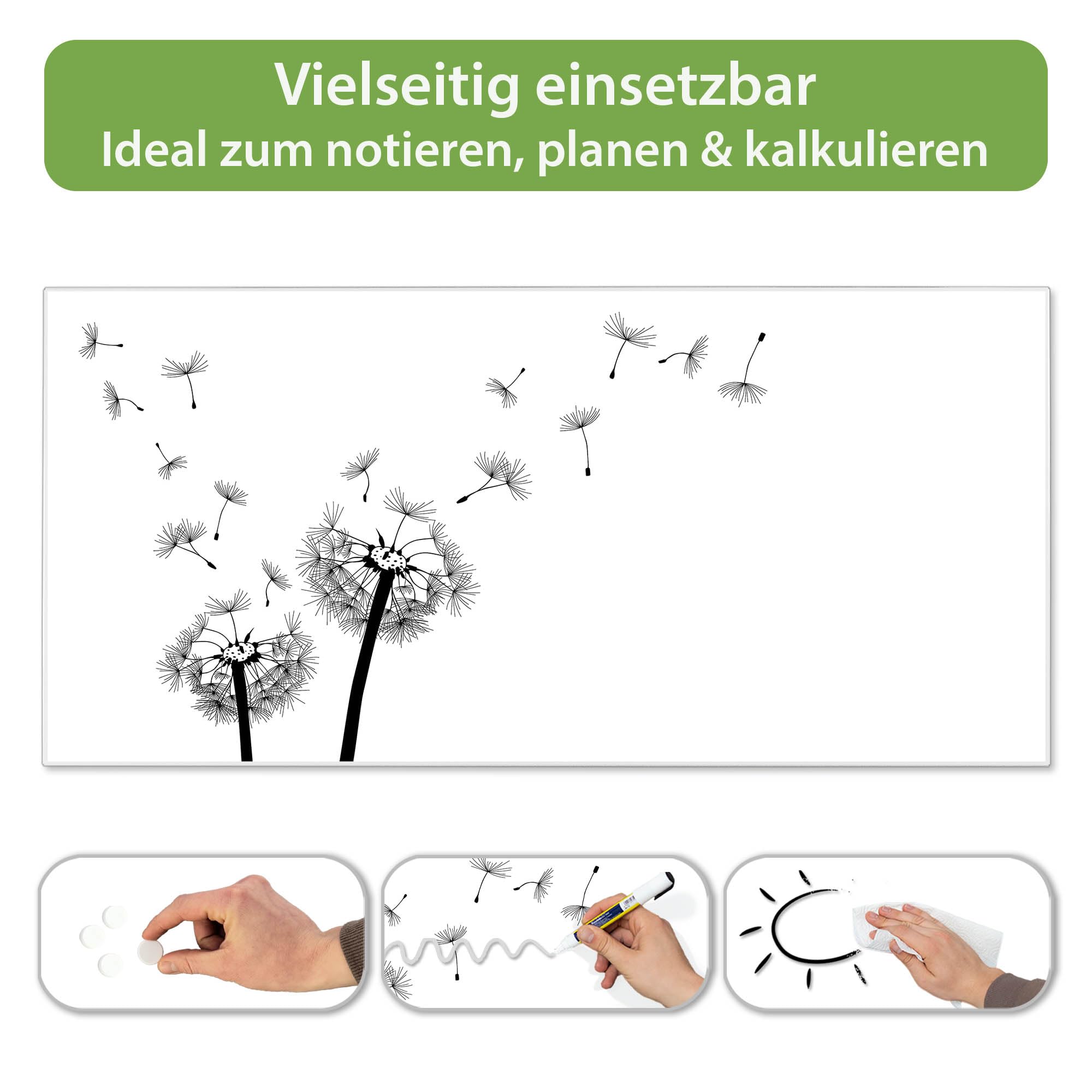 banjado Magnettafel Metall 78 x 37cm - beschreibbare Magnettafel - Metall Pinnwand als Memoboard - Magnetwand Küche, Büro, Kinderzimmer Weiß inkl. 4 Magnete & Montageset - Motiv Pusteblume 2