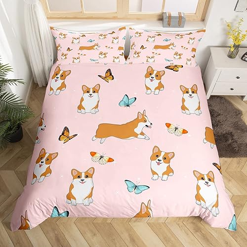 Erosebridal Juego de ropa de cama de perro para niños, funda de edredón de Corgi lindo, juegos de cama multicolor con mariposas Kawaii, funda de
