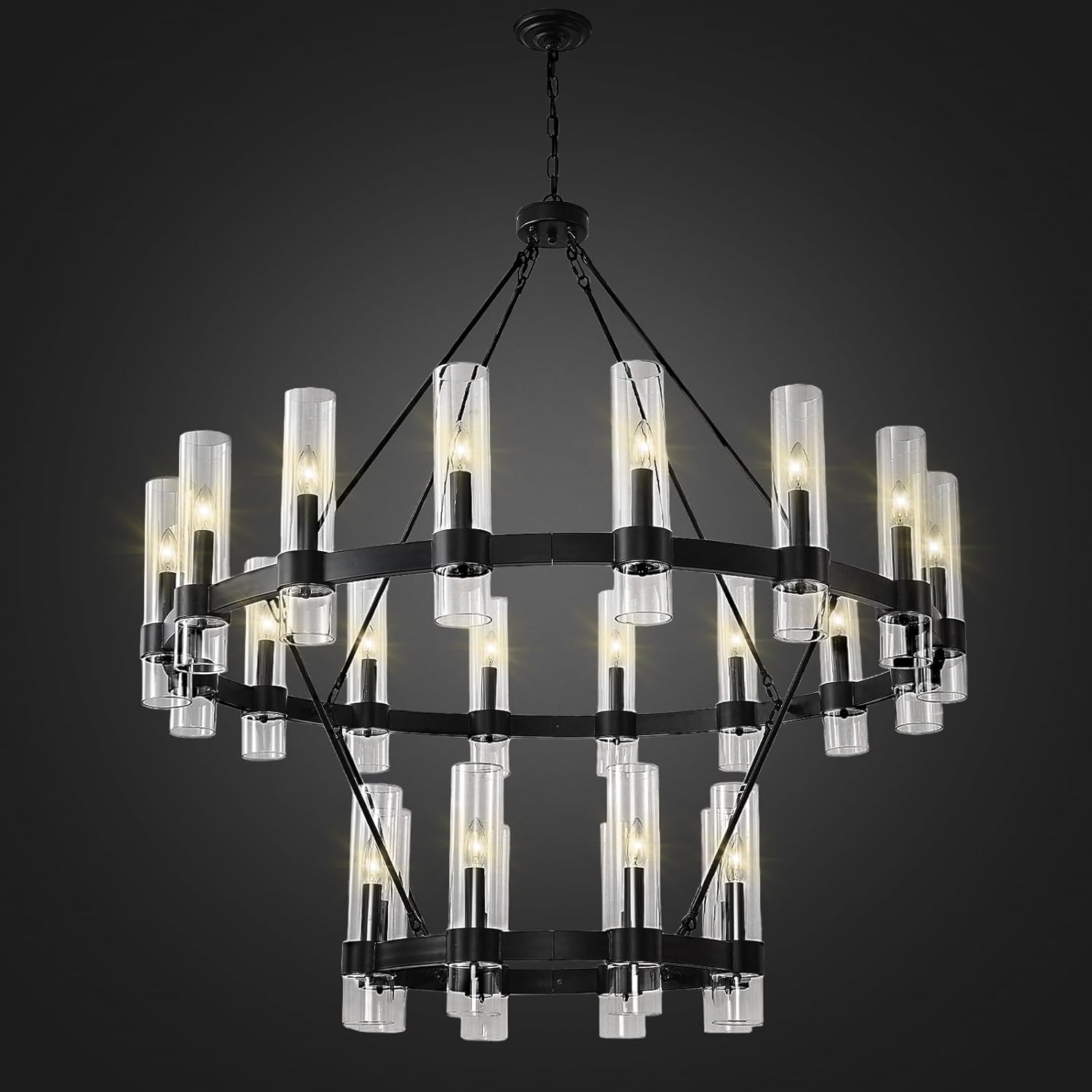 48 Inch Black Wagon Wheel Chandelier 2 Tier with Glass Shade, 24 Lights, Large Modern Farmhouse Style, Ideal for Dining Room, Kitchen, Entryways