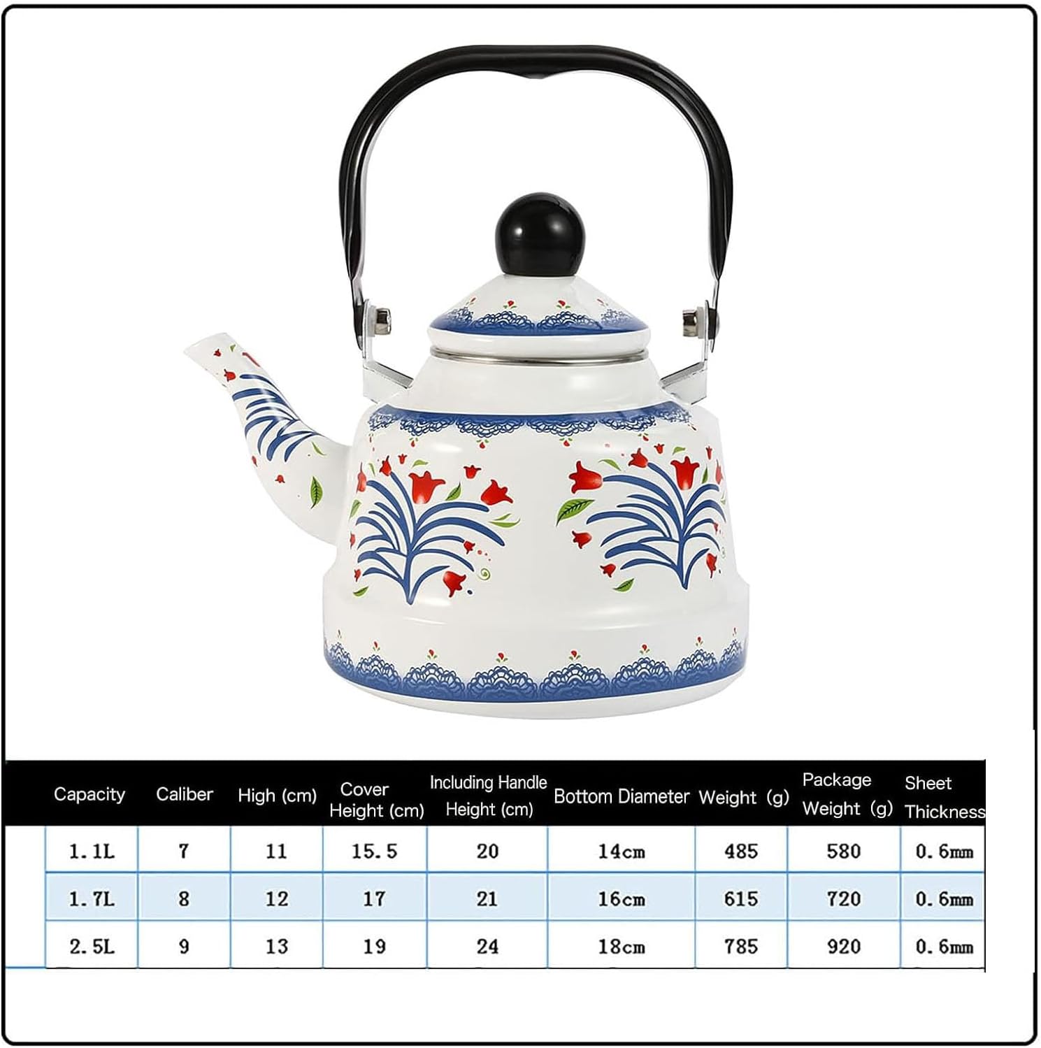 RSBFER Vintage Enamel Tea Kettle, Ceramic Enamel Teapot with Floral Design, Heat Resistant Handle for Stovetop Home Kitchen Decor Gift,1.7L
