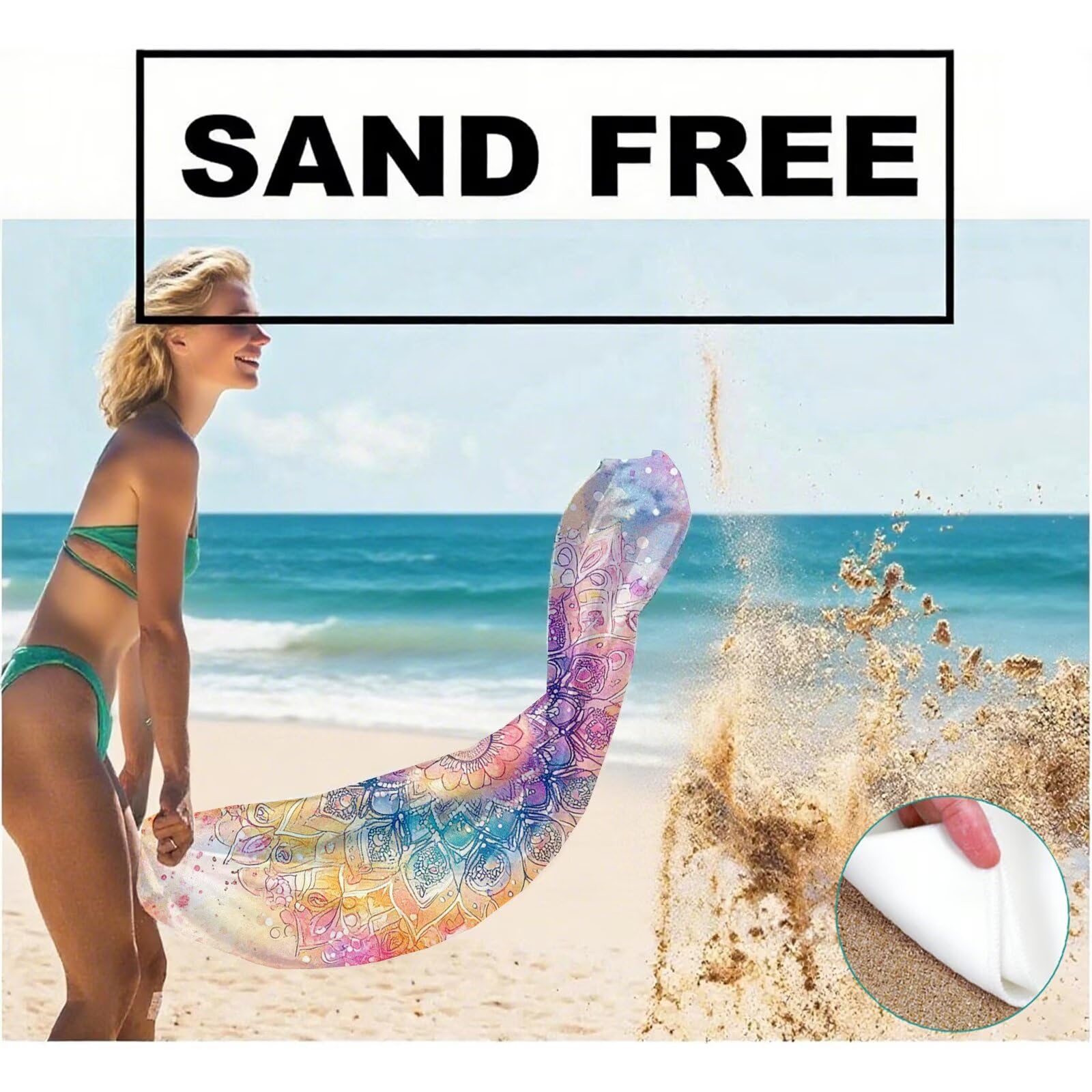 Serviette Plage Frais Motif, Serviette de Plage XXL 90x180 cm avec Sac, Serviettes de Bain Microfibre Séchage Rapide Anti-Sable Absorbante Fonction pour Bain, Sport, Voyages, Sauna, Piscine Q-970