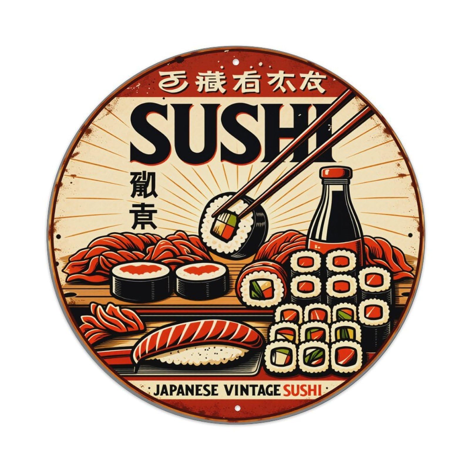 Sushi Roll Fish Soy Sauce Chopsticks Rice Wasabi Ginger Round Vintage Tin Sign,Retro Wall Art,Metal Poster for Home, Bar, Garage, Cafe, Rustic Indoor & Outdoor Decor, 8x8 Inches