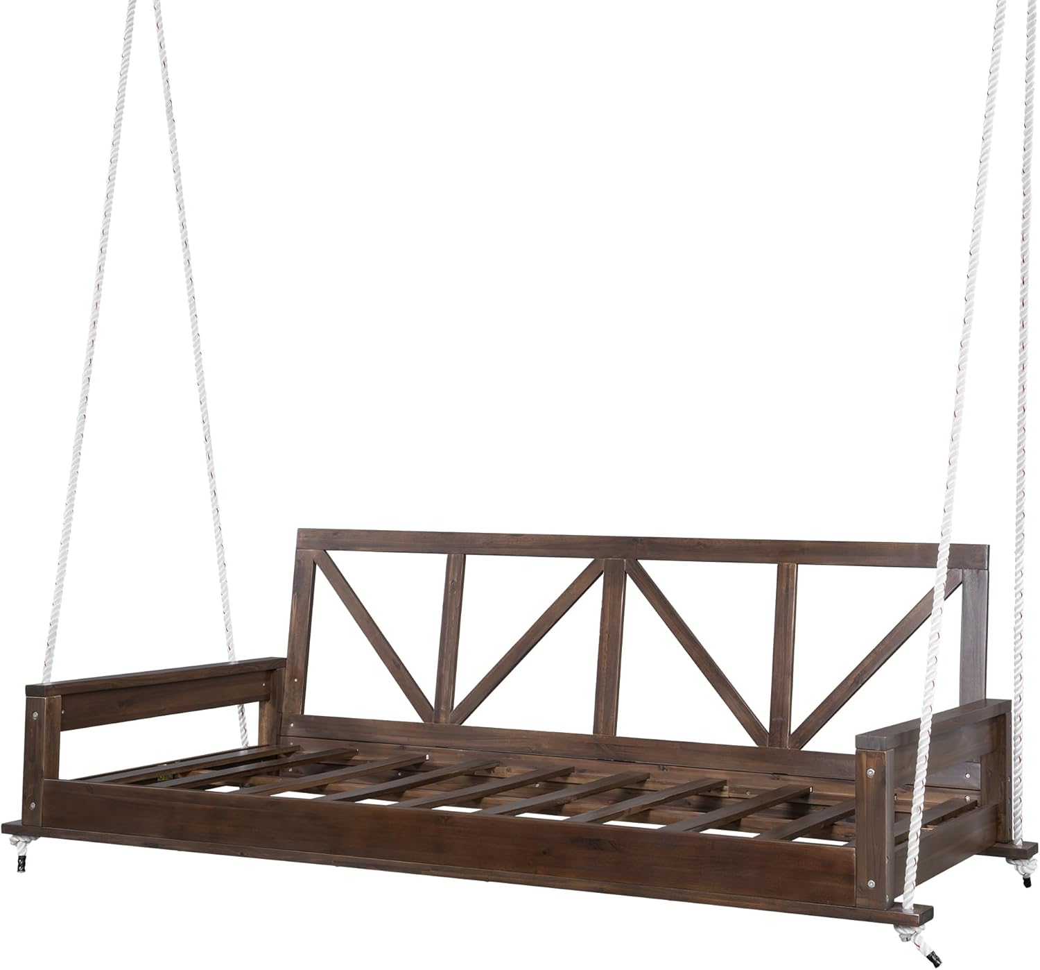 Patio Acacia Wood Twin Size Porch Swing Hanging Bed Frame with 16.4ft Hemp Ropes for Garden, Backyard (Brown)
