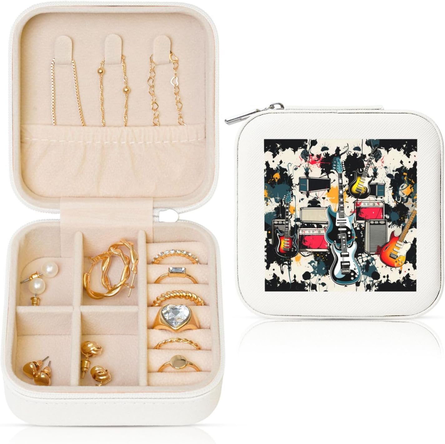 Jewelry Box for Women Leather Travel Jewelry Case Rock Music Pattern Portable Jewelry Organizer Box Mini Jewelry Travel Case with Zipper for Earrings Bracelets Rings Necklace