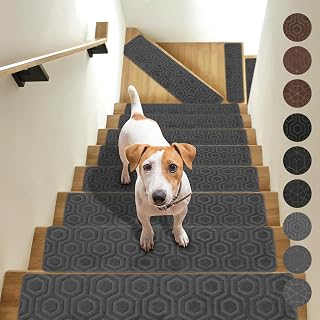 JOYDREAM Non Slip Stair Treads for Wooden Steps Indoor Stair Carpet Treads Peel and Stick Stair Runner Rugs 15 Pack Stair Tread Covers for Kids and Dogs, 8" X 30", Grey Hexagonal