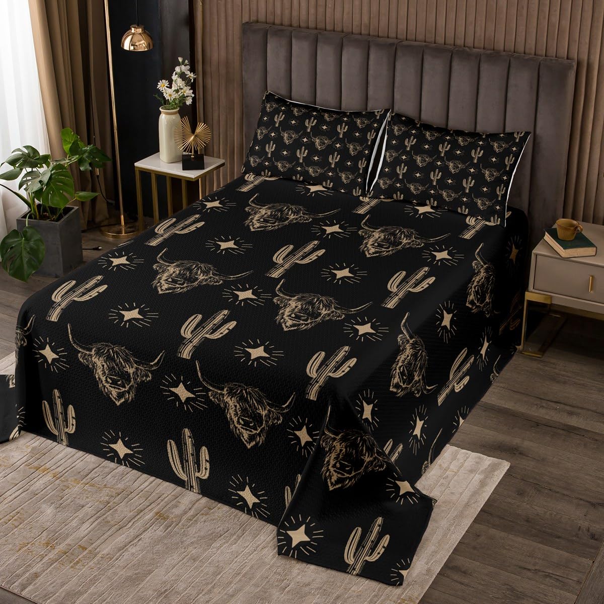 Erosebridal Western Bull Skull Coverlet Set Twin Size Highland Cattle Bedding Set for Kids Boys Girls Boho Abstract Glitter Stars Cactus Quilted Coverlet Cartoon Cow Tribal Black Gold Quilted