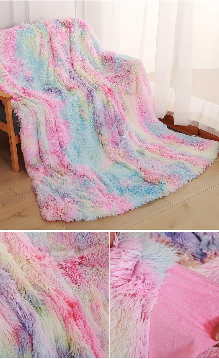 Reversible Rainbow Faux Fur Throw Blanket Soft Fluffy Plush Shaggy Gradient Multi-Color Long Pile Bed Cover Blanket Home Decor Cozy Warm 50" x 62" Inch Multicolor