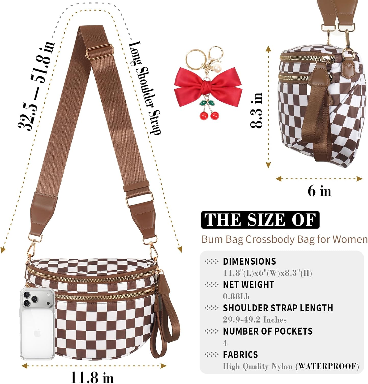 Checkered Crossbody Bags for Women, Spacious Sling & Stylish Bum Bag for Travel, Concerts, Festival, Nylon Fanny Pack Belt Bag (Colour Bum Bag-Brown Checkered) - Image 5