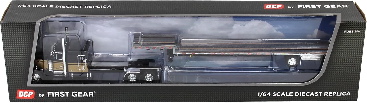 DCP 1/64 Peterbilt 379 with Stepdeck Trailer, Black & Gold by First Gear 60-1914