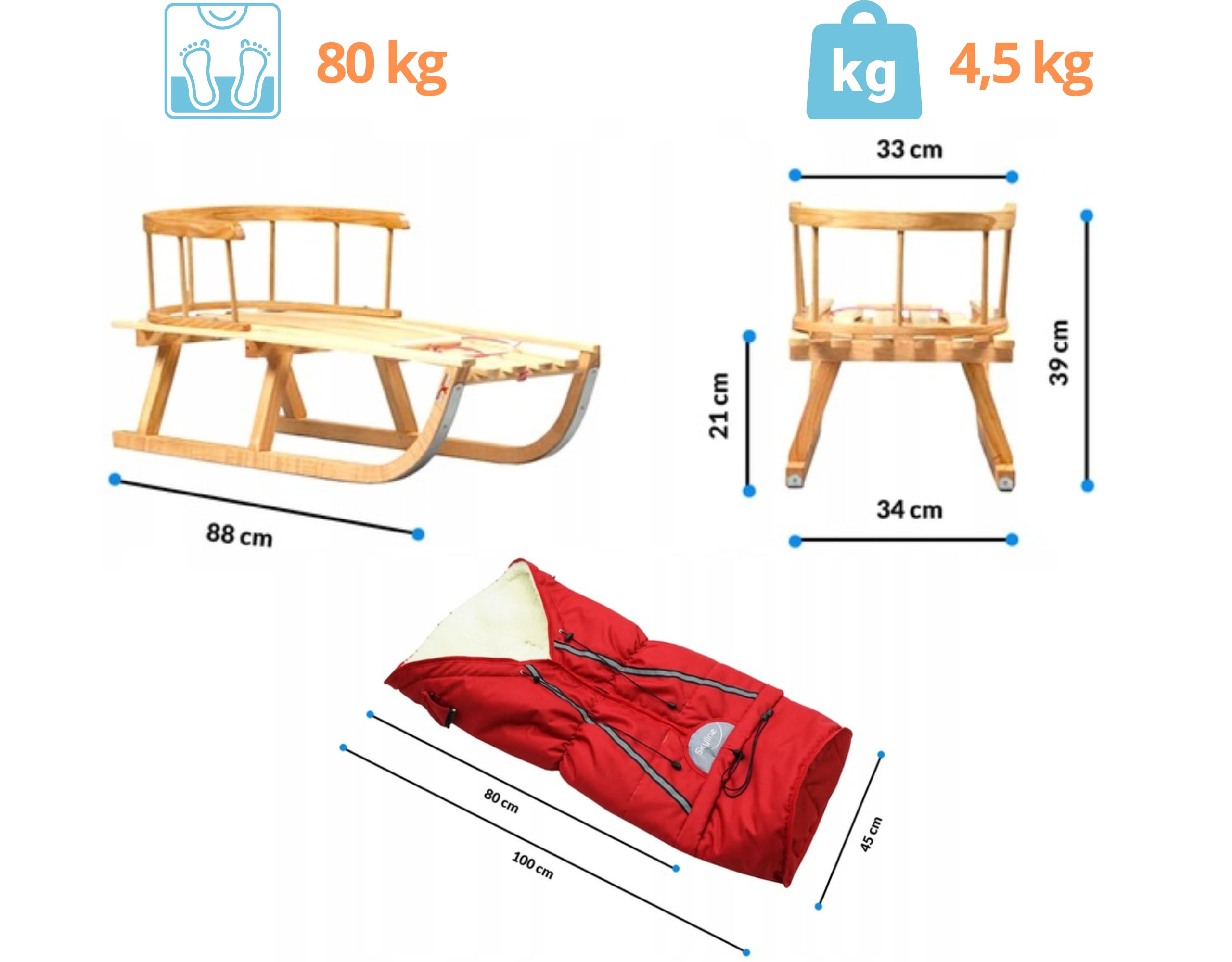 Slittino in legno per bambini con schienale Slitta Davoser in legno, con cintura di sicurezza schienale, pusher, e Sacco a Pelo Invernale Universale - Natur/braunes Leinen