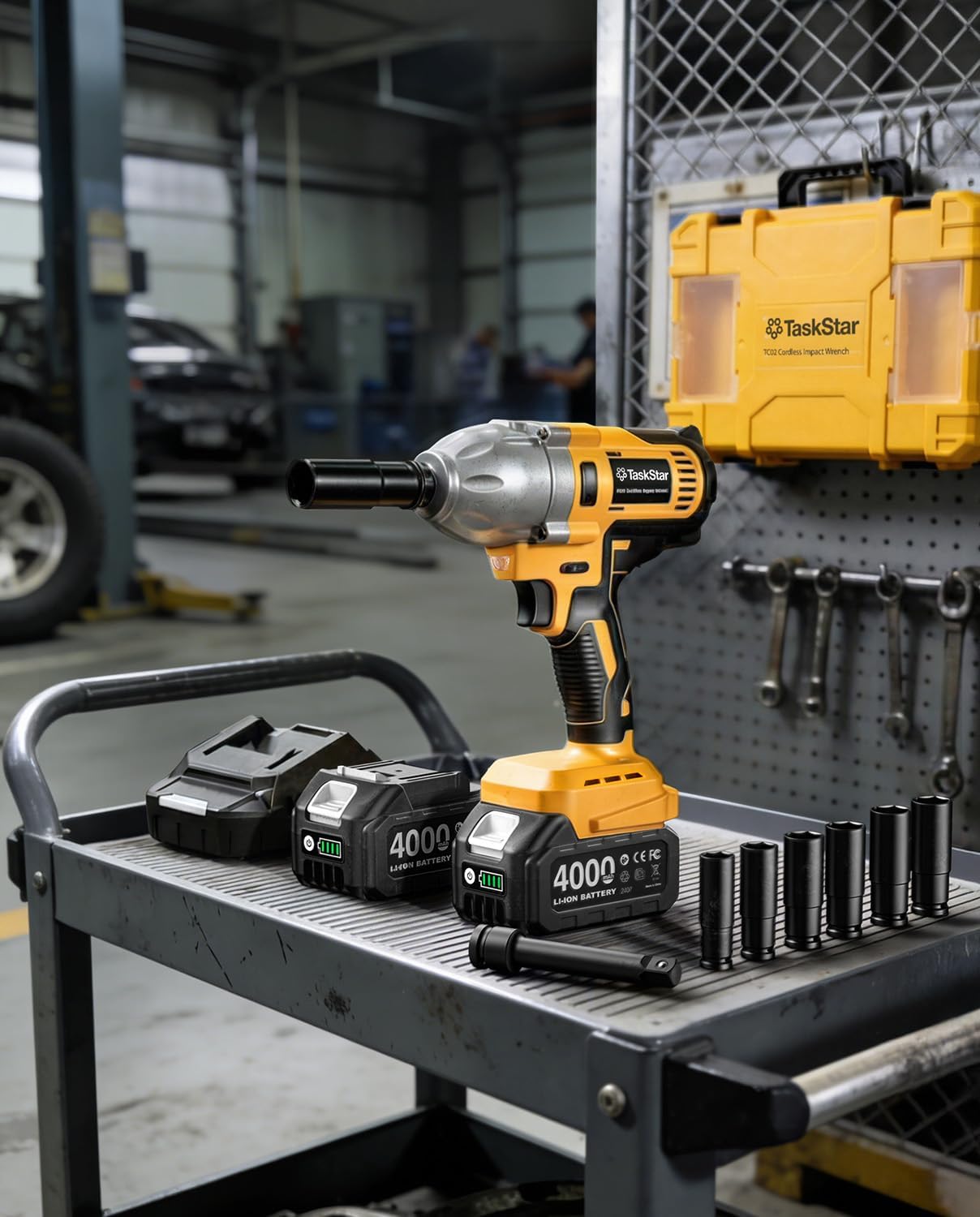 High Torque Cordless Impact Wrench 1/2 Inch, 4.0 Ah Batteries with Charger, Sockets, Carrying Case