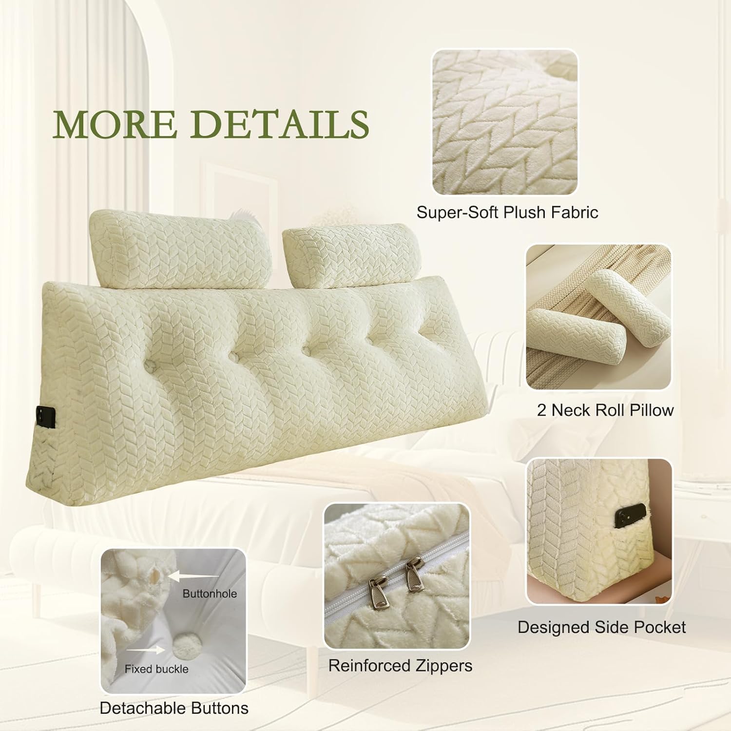 YOUR MOON Wedge Headboard Pillow Full with 2 Pack Neck Roll Pillows, Triangular Wedge Backrest Pillow Headboard for Bed,Daybed,and Lounging, Large Bed Bolster Pillows,Off White