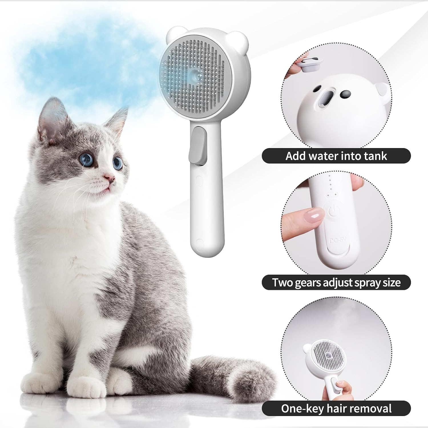 Cat & Dog Brush for Shedding 3-in-1 Deshedding Grooming Brush with Water Spray Mist for Loose Fur Rechargeable Pet Hair Removal Comb with Massage Bristles for Long & Short Hair Small Dogs & Cats