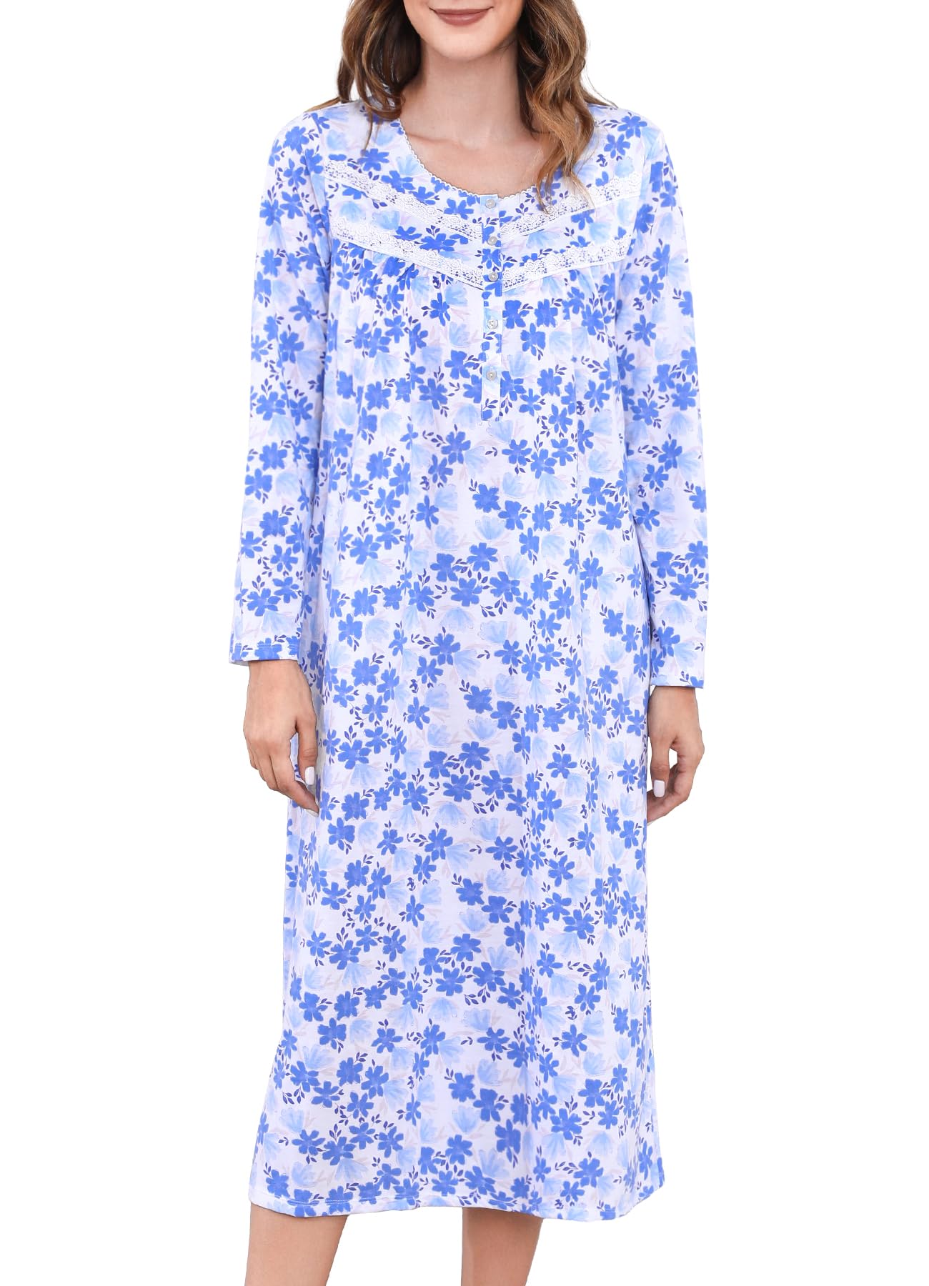 QRRLUEN Long Cotton Nightgowns for Women 100% Cotton Night Gown Long Sleeve Ladies Nightgowns Sleepwear Vintage Sleep Dress