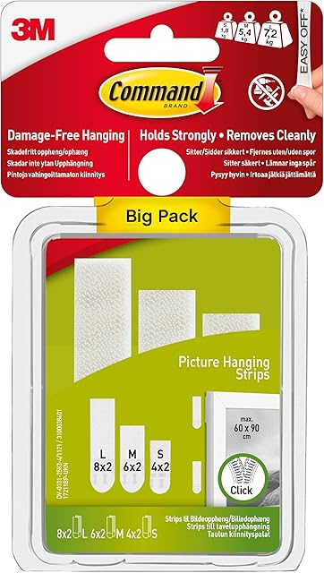 Command Strips Value Pack - 8 Sets L, 6 Sets M + 4 Sets S of Picture hanging Strips - for Hanging Damage Free Framed Photos and Artwork (17211BPUKN)