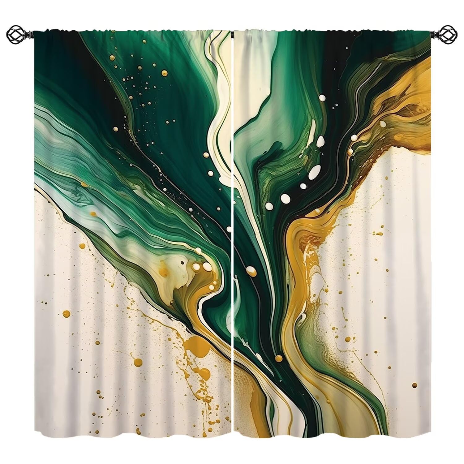 Abstract Green Curtains Emerald Green with Gold Foil Modern Elegant Window Treatments Pastel Marble Texture Aesthetic Artistic Window Drapes for Bedroom Living Room Kitchen W42xL45in(Decor)