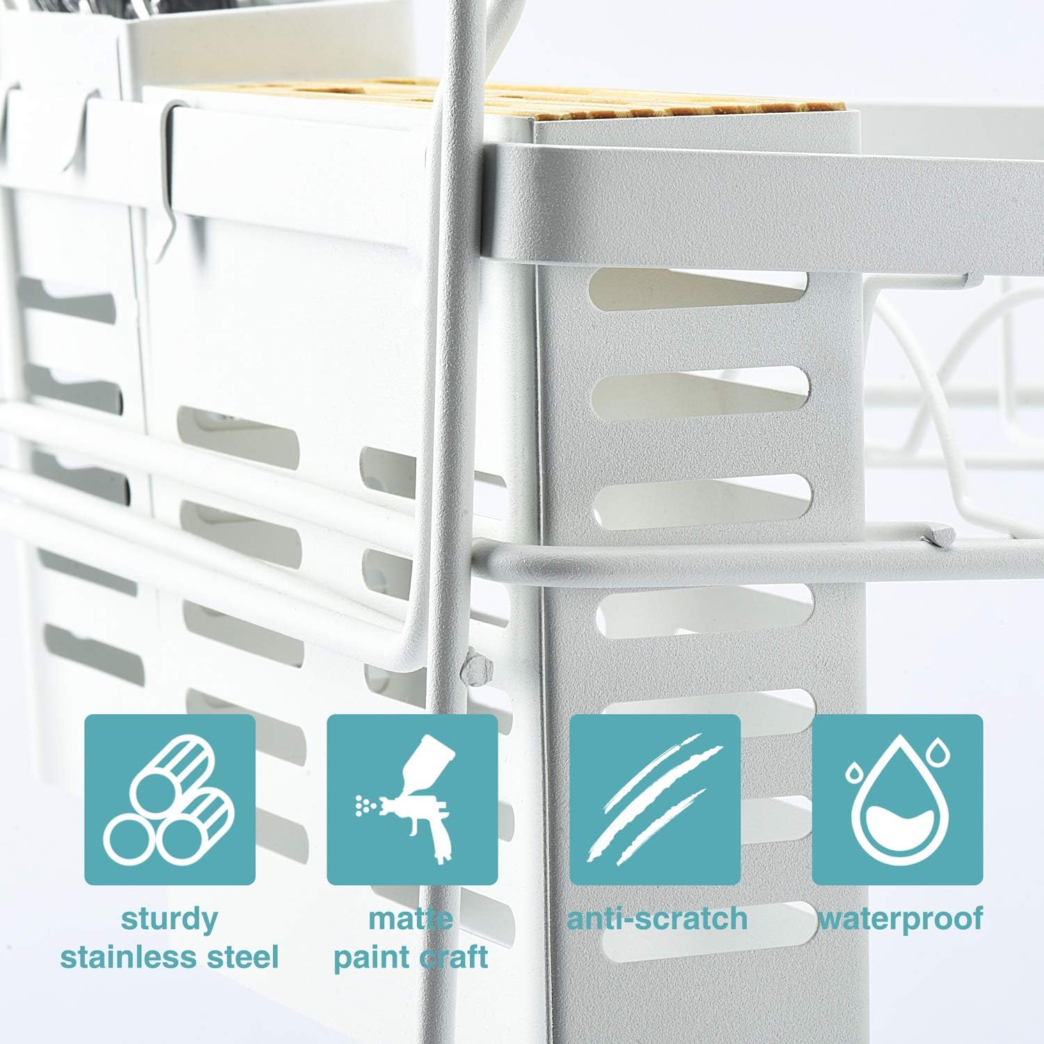 Glotoch Dish Drying Rack, Stainless Steel 2-Tier Dish Rack with Utensil Holder, Cup Holder & Cutting Board Holder and Draining Spout for Space Saving for Kitchen Counters 14 x 9.5 x 14.5 Inches White