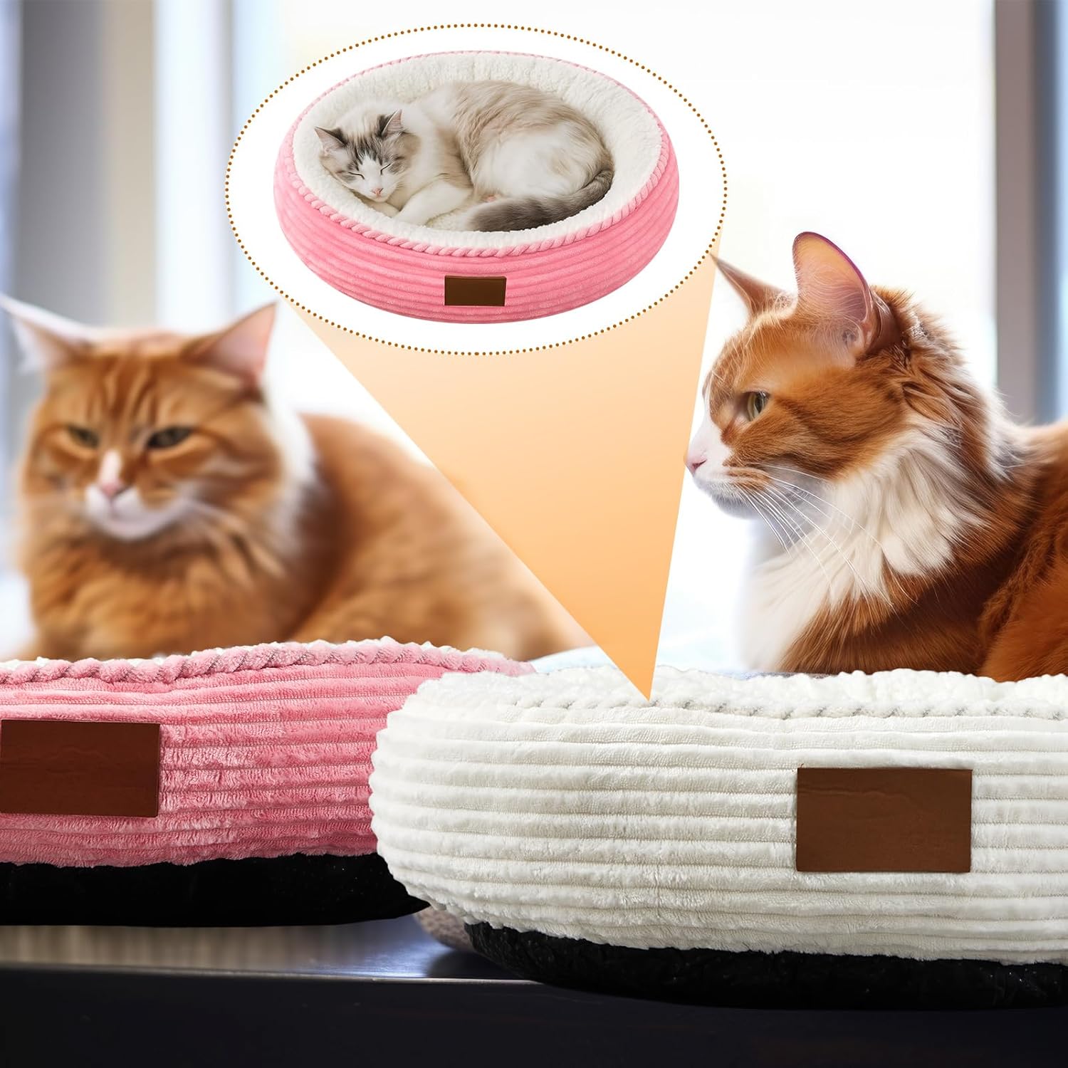 2 Pack Cat Beds for Indoor Cats 20 Inches Washable Round Donut Pet Bed Cushion Self Warming for Cats, Small Dogs, Puppy, and Kitten(Pink, White)