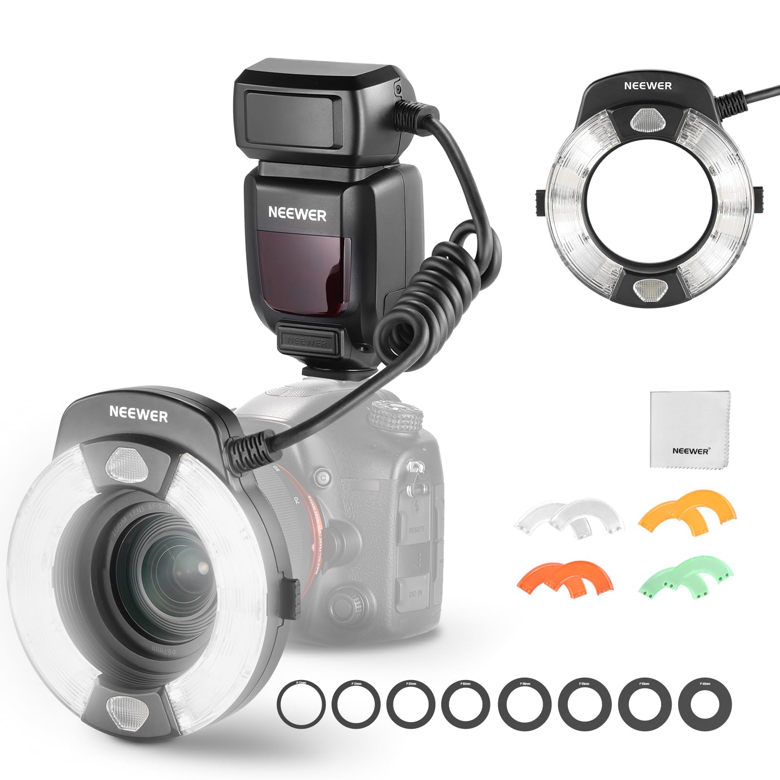 NEEWER RF1-S TTL Marco Ring Flash Light Compatibile con Sony, 76Ws GN15 5600K Uscita 1-1/128 Sync Tendina Anteriore/Posteriore, Gel Colorato/Anelli Adattatori, Speedlite per Servizi Fotografia Macro