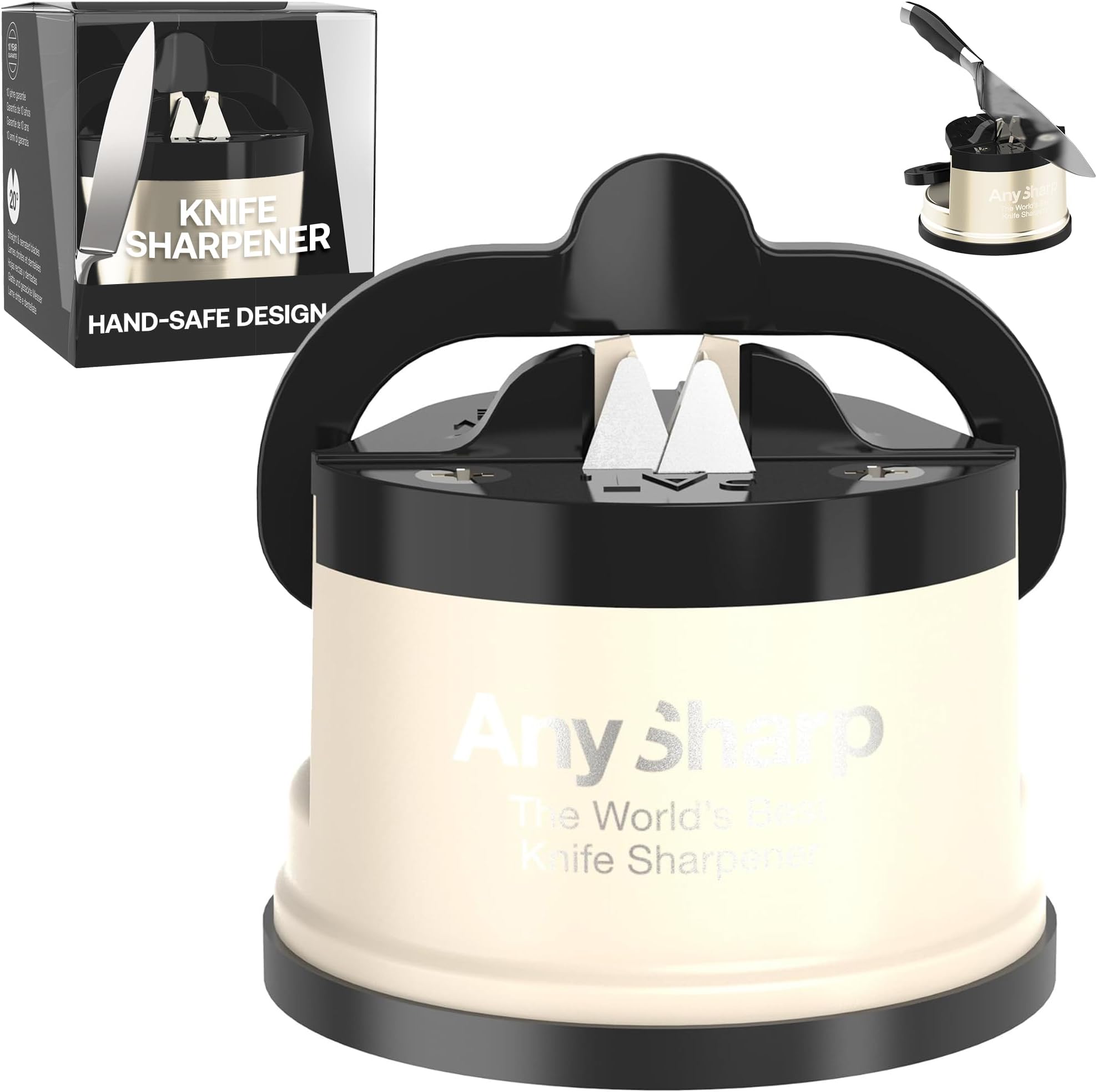 AnySharp – EDITIONS – Hands Free Knife Sharpener - Easy to Use Sharpening Tool with PowerGrip Suction Base and 20-Degree Pre-set Angle - For All Knives: Chef’s, Serrated, and Hardened Steel - Cream
