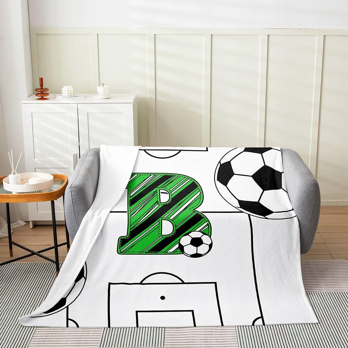 Erosebridal Soccer Fleece Blanket Personalized Initial B Flannel Blanket Queen Size 90X90 Inch,Sports Theme Boys Girls Fuzzy Plush Throw Soccer Court Fuzzy Blankets Decorative Sofa Couch