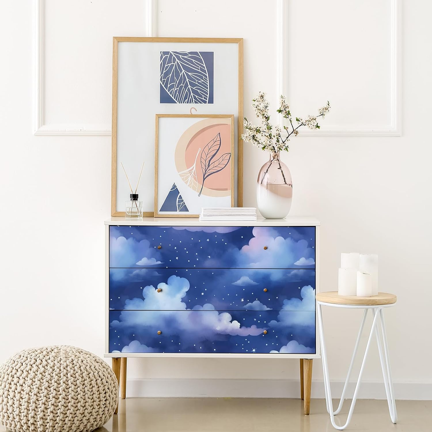 VaryStyle 17.7"x393" Aesthetic Cloud Wallpaper Night Sky Stars Cloud Peel and Stick Wallpaper for Nursery Furniture Dark Blue Contact Paper Removable Waterproof Vinyl for Kids Room Bathroom Ceilings