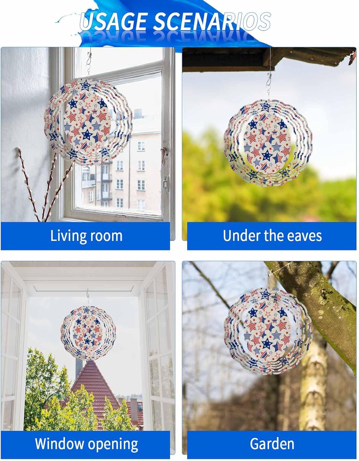 Independence Day Stripes and Stars Wind Spinner for Garden Yard 3D Stainless Steel Hanging Wind Spinners, Star Vintage Linen Spinners Outdoor Metal Decor for Lawn Patio Home