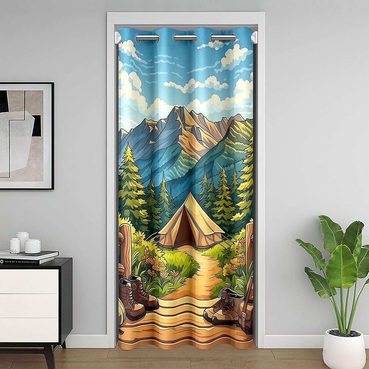 Camping Door Curtain For Doorway Privacy Forest Adventure Themed for Teens Young Blackout Curtain Rustic Outdoor Camping Aesthetic Door Drape Retro Camper Decor Window Treatment 59"W x 80"L