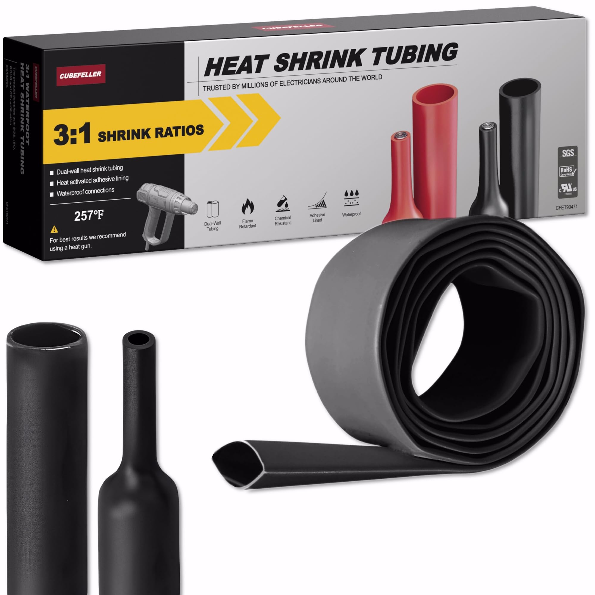 3:1 Ratio 1 Inch (25.4mm) Black Heat Shrink Tubing - 4ft (1.22M Total Length), Marine Grade Waterproof Adhesive Lined, Insulation Sealing Oil-Proof Wear-Resistant,CFET0425B