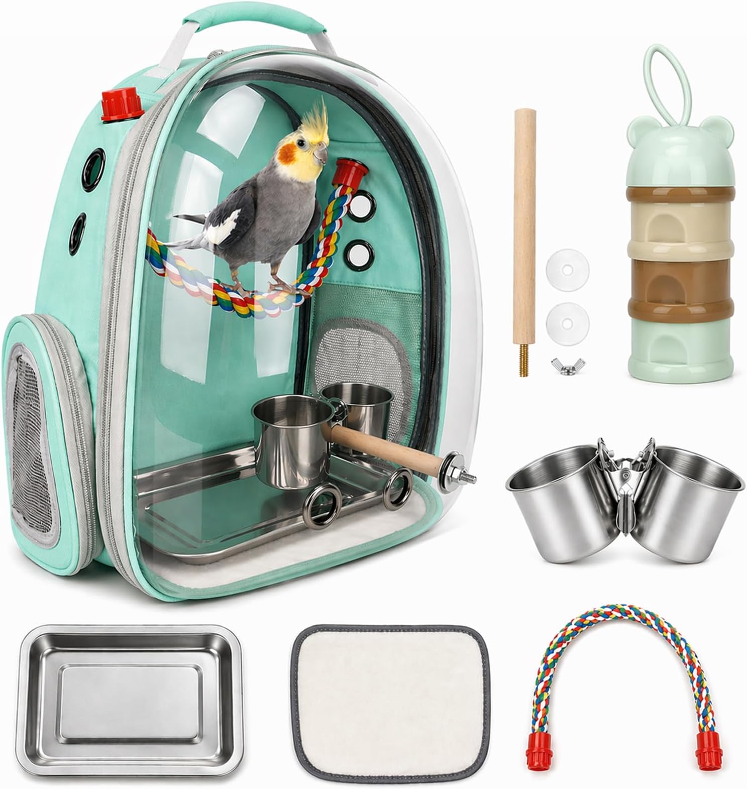 Rypet Bird Carrier Backpack Parrot Portable Breathable Bag Pet Bird Lightweight Travel Cage with Standing Perch and Stainless Steel Tray（Mint Green）