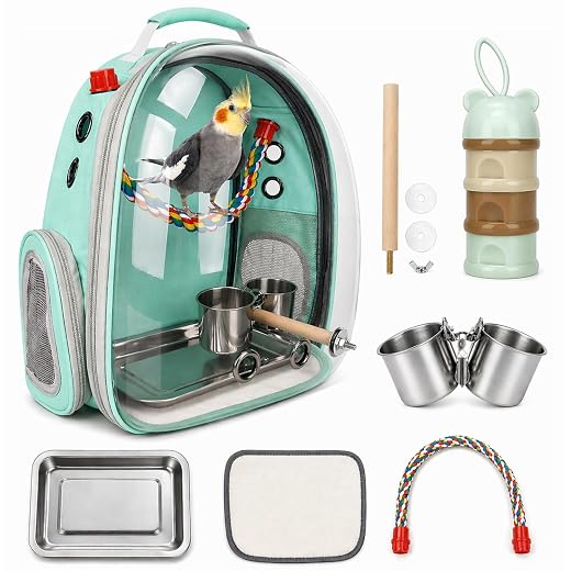 Rypet Bird Backpack Carrier, Bird Travel Cage for Parrots with Tray (Green) | Bird Travel Backpack Set, visible window, Vent Holes, Clean-Out Steel Tray, Rope & Wooden Perches, Food Cup & bottle