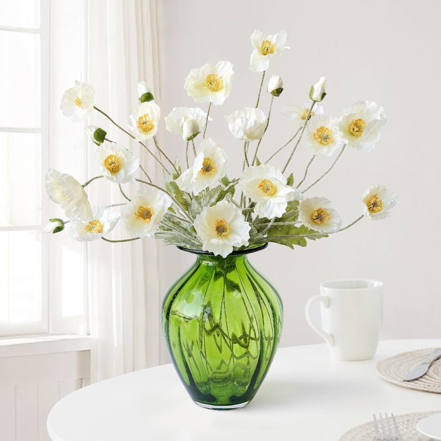 JINWOE White Poppy Silk Flowers, 6pcs Lifelike Artificial Plants & Flowers, Faux Poppies Bouquet with Long Stems for Spring Kitchen Table Centerpiece Wedding Baby Shower Home Cemetery
