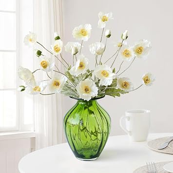 JINWOE White Poppy Silk Flowers, 6pcs Lifelike Artificial Plants & Flowers, Faux Poppies Bouquet with Long Stems for Spring Kitchen Table Centerpiece Wedding Baby Shower Home Cemetery