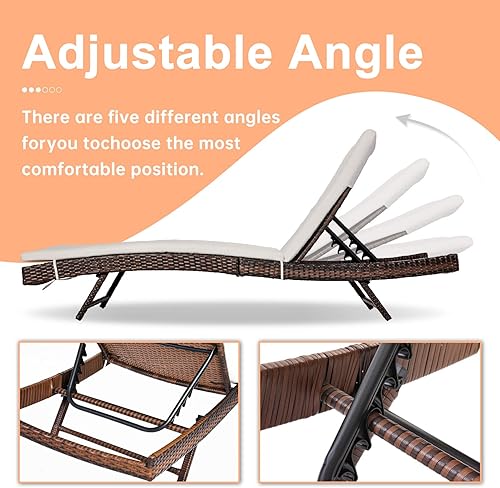 Miniatura 3 de Silla de salón de patio de ratán con respaldo ajustable y cojín beige extraíble, silla de piscina de material PE para exteriores, tumbona plegable
