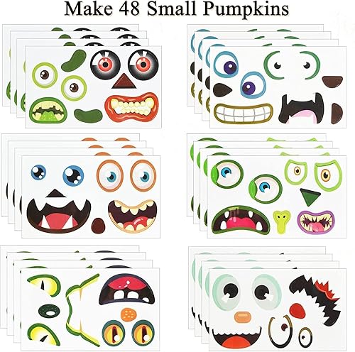 Miniatura 4 de Paquete de 48 calcomanías de calabaza para Halloween, decoración de manualidades, 48 adhesivos pequeños para la cara de la calabaza, adhesivos de