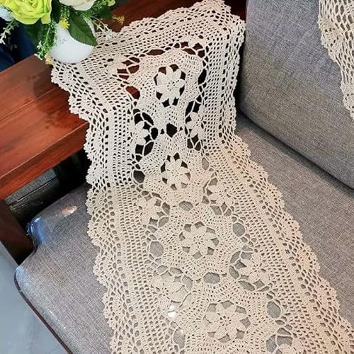 ABREEZE Floral Handmade Tablecloth,1 pc,15.7"x47.2" Beige Cotton Doily for Dining Table,Dressing Table