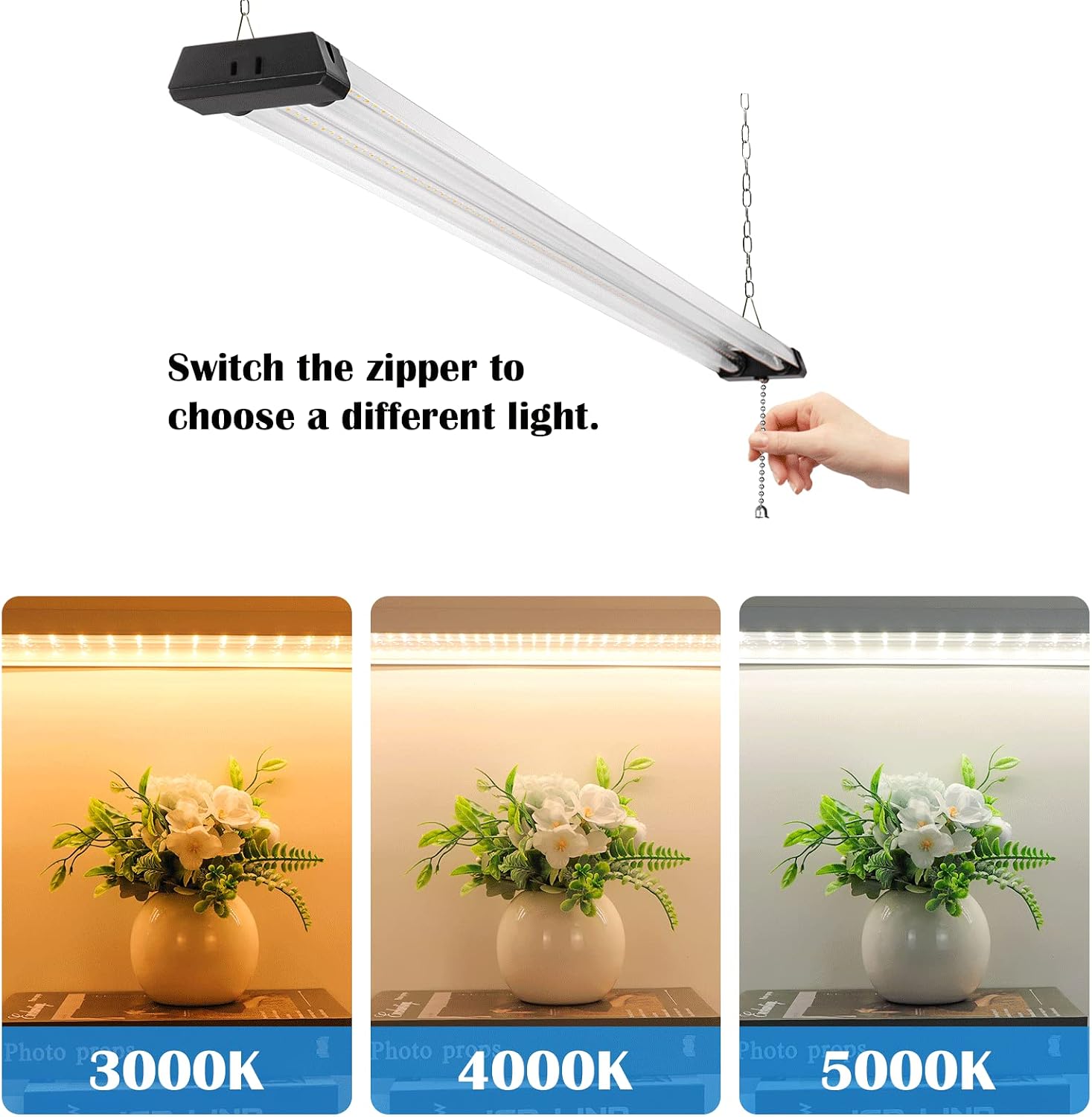 4FT LED Shop Lights,42W 4800LM Linkable Led Shop Light for Workshop Garage, 3CCT 3000K/4000K/5000K LED Shop Light with Pull Chain(ON/Off),Linear Worklight Fixtures with Plug,Hanging/Mounted 4PK