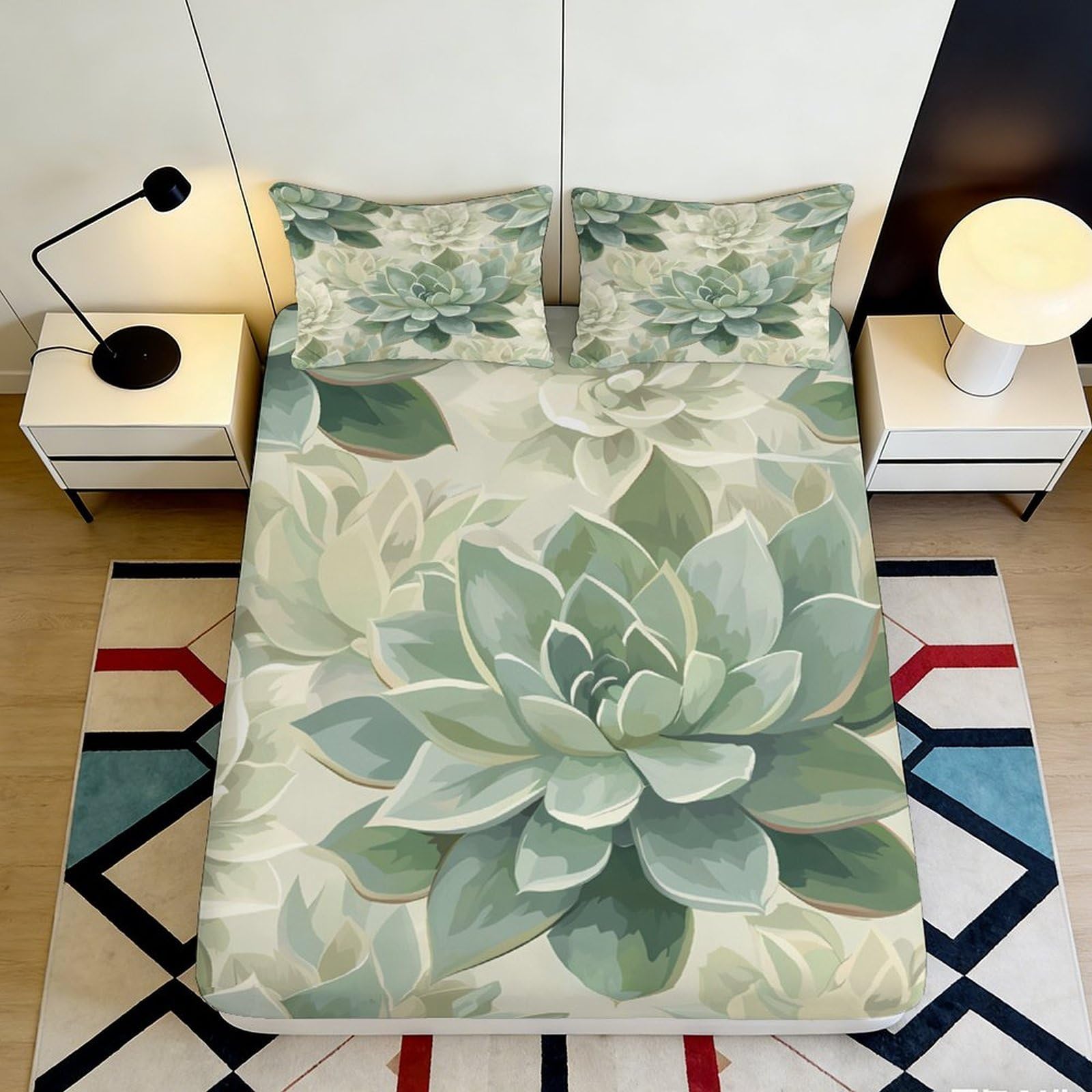 3D Printed Green Succulent Fitted Sheet, Microfiber Bed Cover, soft touch, wrinkle resistant, guest room bedding 90x200x25cm