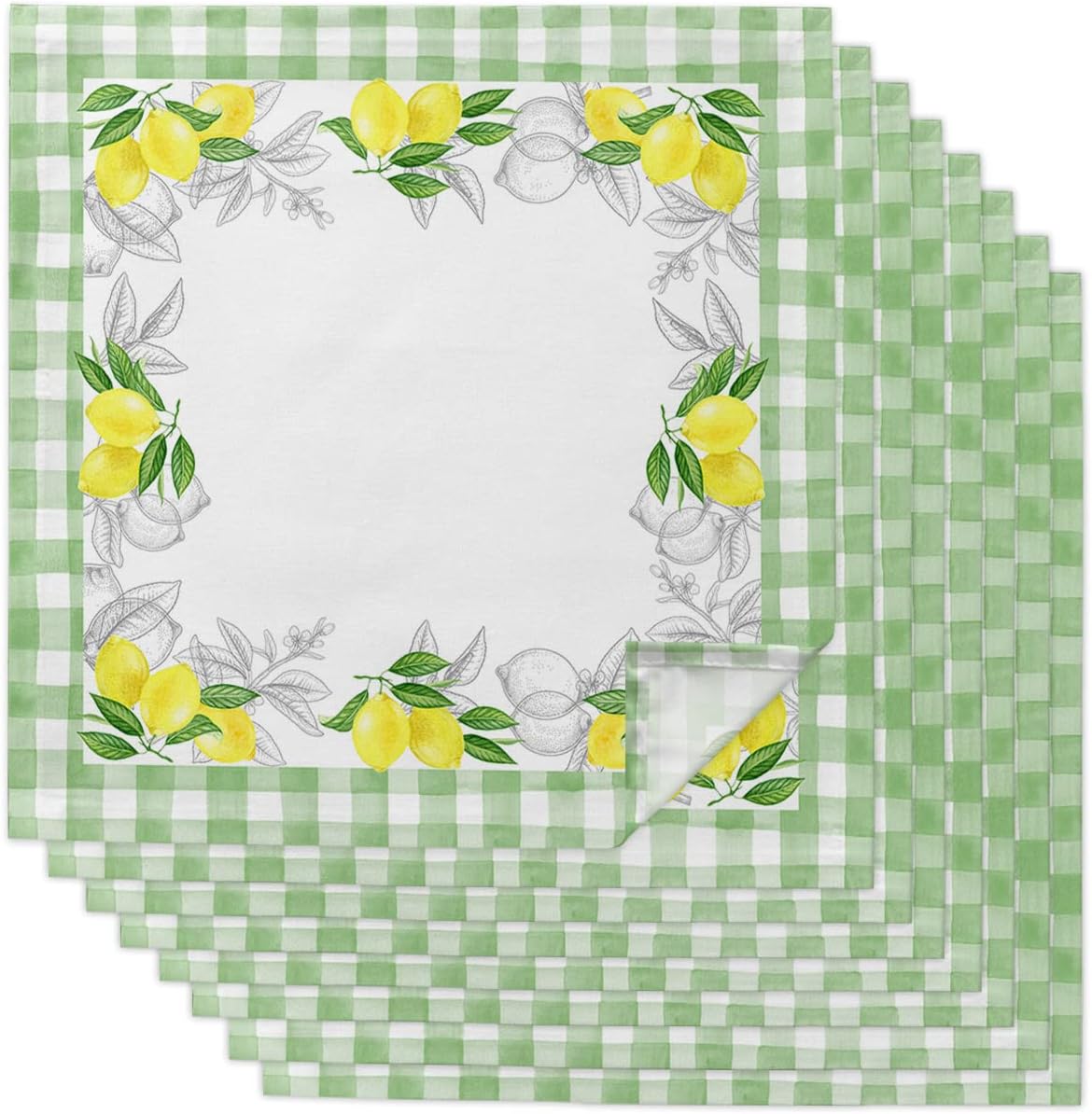 Summer Green Leaves Yellow Lemon Cloth Linen Dinner Napkins 8 Packs,Reusable Table Cocktail Napkins for Wedding,Shower,Party,Lunch,Event Dining Table Setting Decoration,Country Green White Lattice