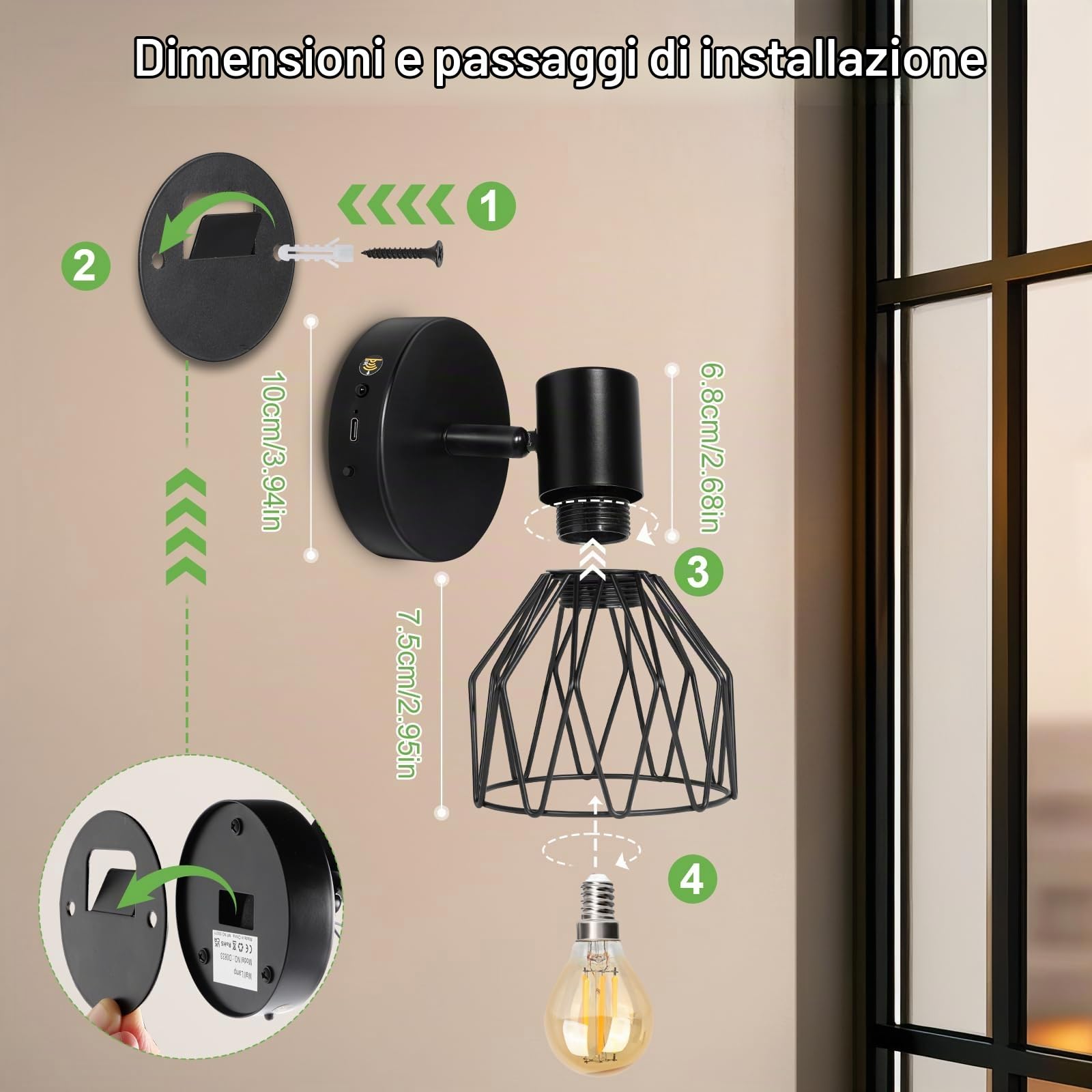 Kimjo Applique da Parete Interno, Lampada da Parete Ricaricabile Senza Fili