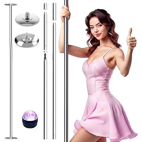 PYY Dance Pole for Home - Adjustable & Portable Dancing Pole, 45mm Chrome Finish, Spinning & Static Modes, Apartment Friendly, w/Conditioning Bands Set, Adjustable Height 88"-110" Ceilings, Silver