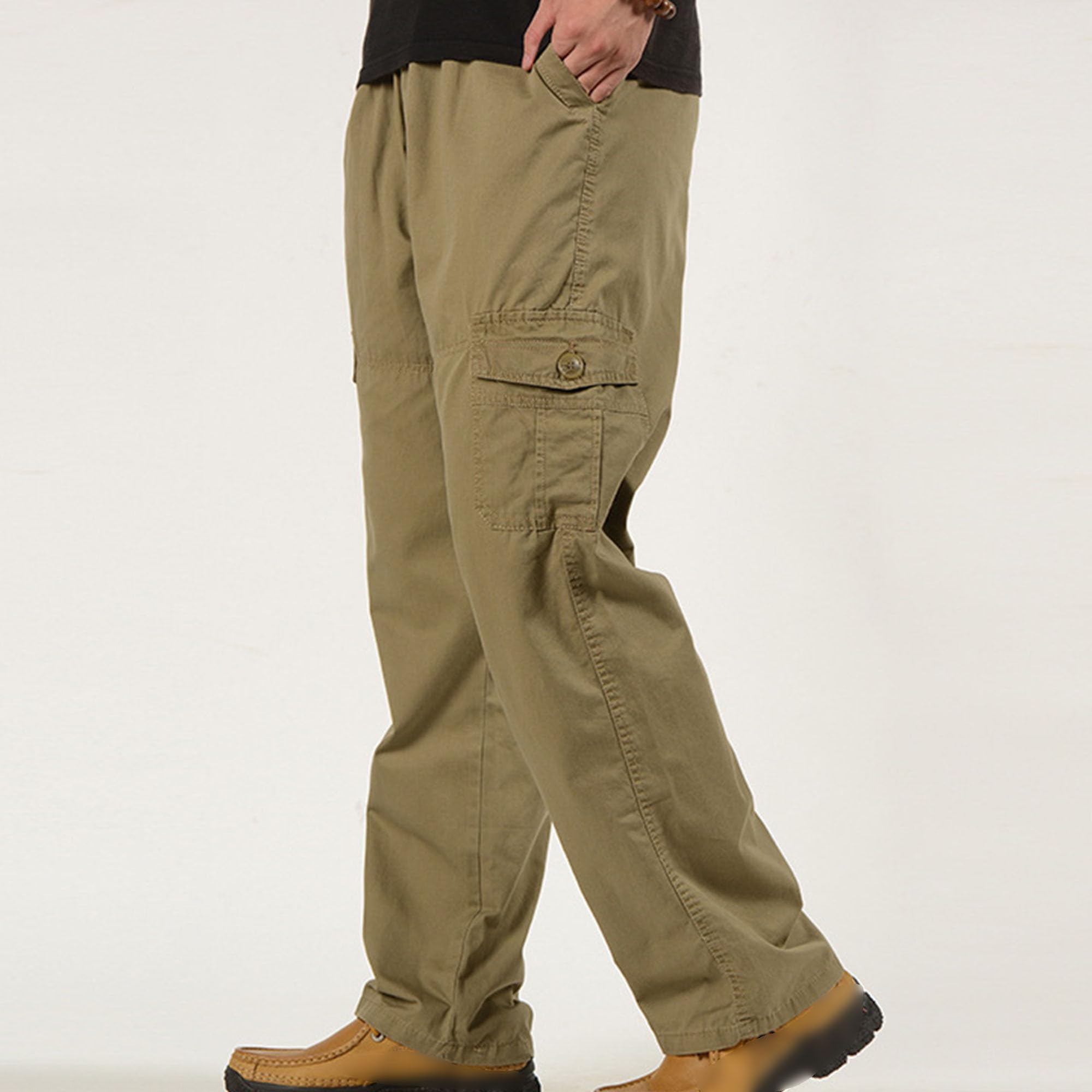 JEKE-DG Men's Elastic Waist Casual Cargo Pants Lightweight Work Trousers Relaxed Fit Workwear Pants with Pocket (X-Large,Khaki)