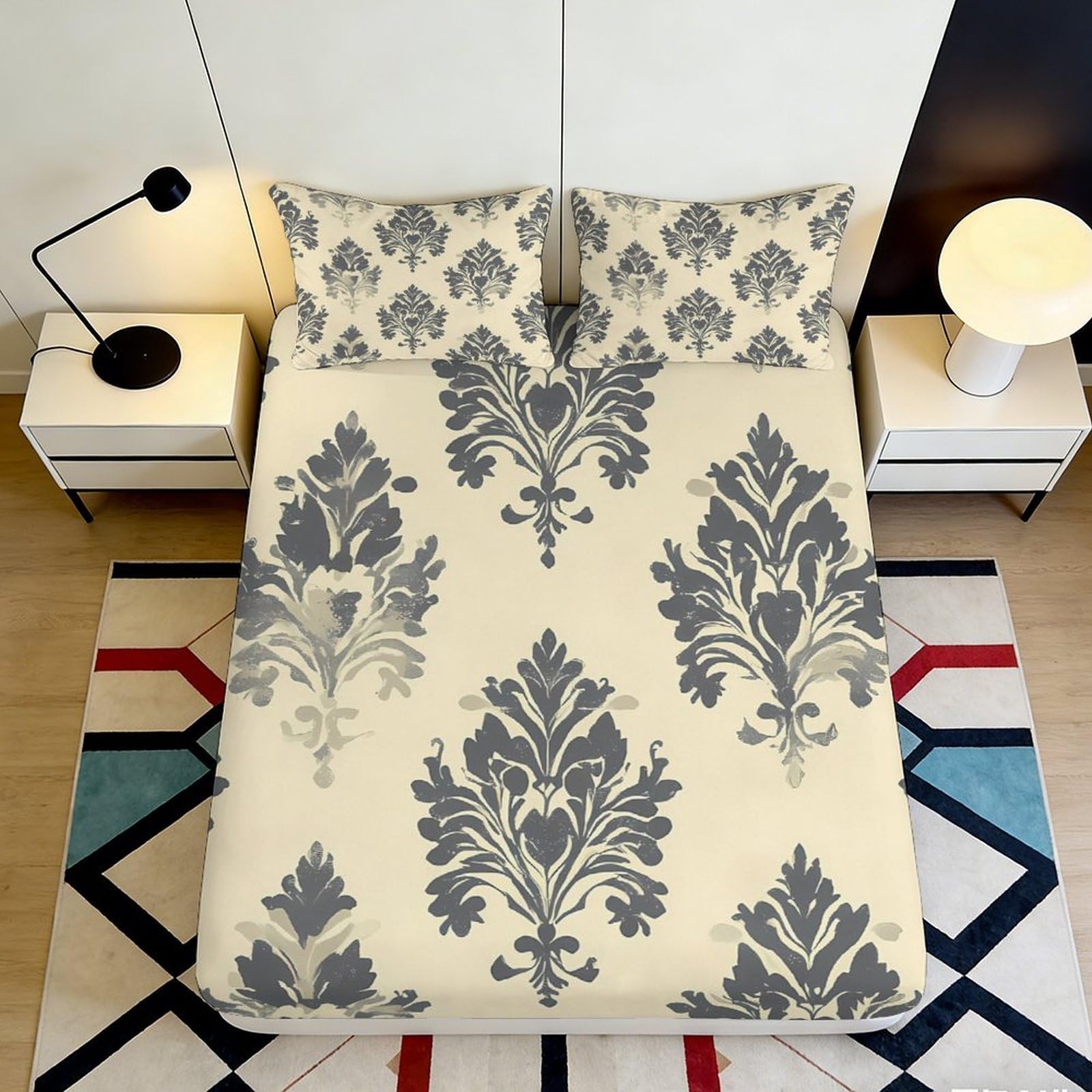 3D Printed Botanical Damask Fitted Sheet Microfiber Soft Beige Grey Mattress Cover Bedroom Decor Dustproof Easy Care 90x200x25cm