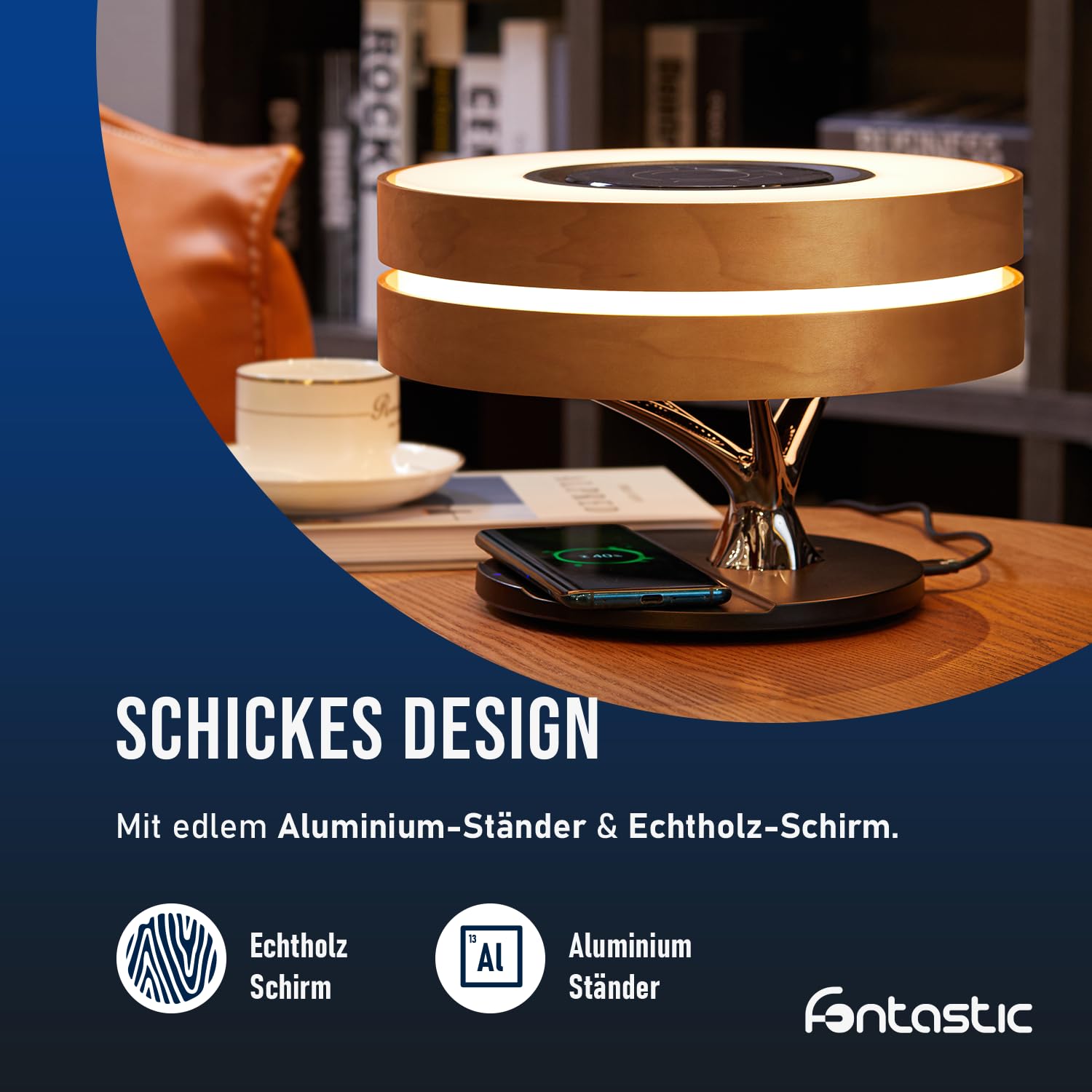 Fontastic „Icona“ LED Nachttischlampe Touch dimmbar, multifunktionelle Tischlampe mit kabelloser Ladefunktion, Bluetooth Lautsprecher und Timer, Designer-Tischleuchte inkl. TWS-Speaker