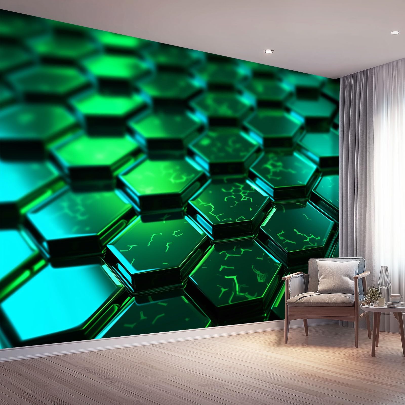Photo Wallpaper Gamer Geometric 400x280 cm (WxH), Non-Woven Wall Mural Abstract 3D Polygon Print Art Fleece Poster Wall Mural, Green 3D Wallpaper Decoration for Living Room Bedroom Kids Room