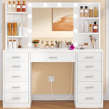 SLINEMO Large Dressing Table with LED Lighting and Sockets, 11-Drawer Vanity Desk with Mirror & 5 Jewellery Hooks, White Bedroom Vanity Table with 4 Storage Shelves