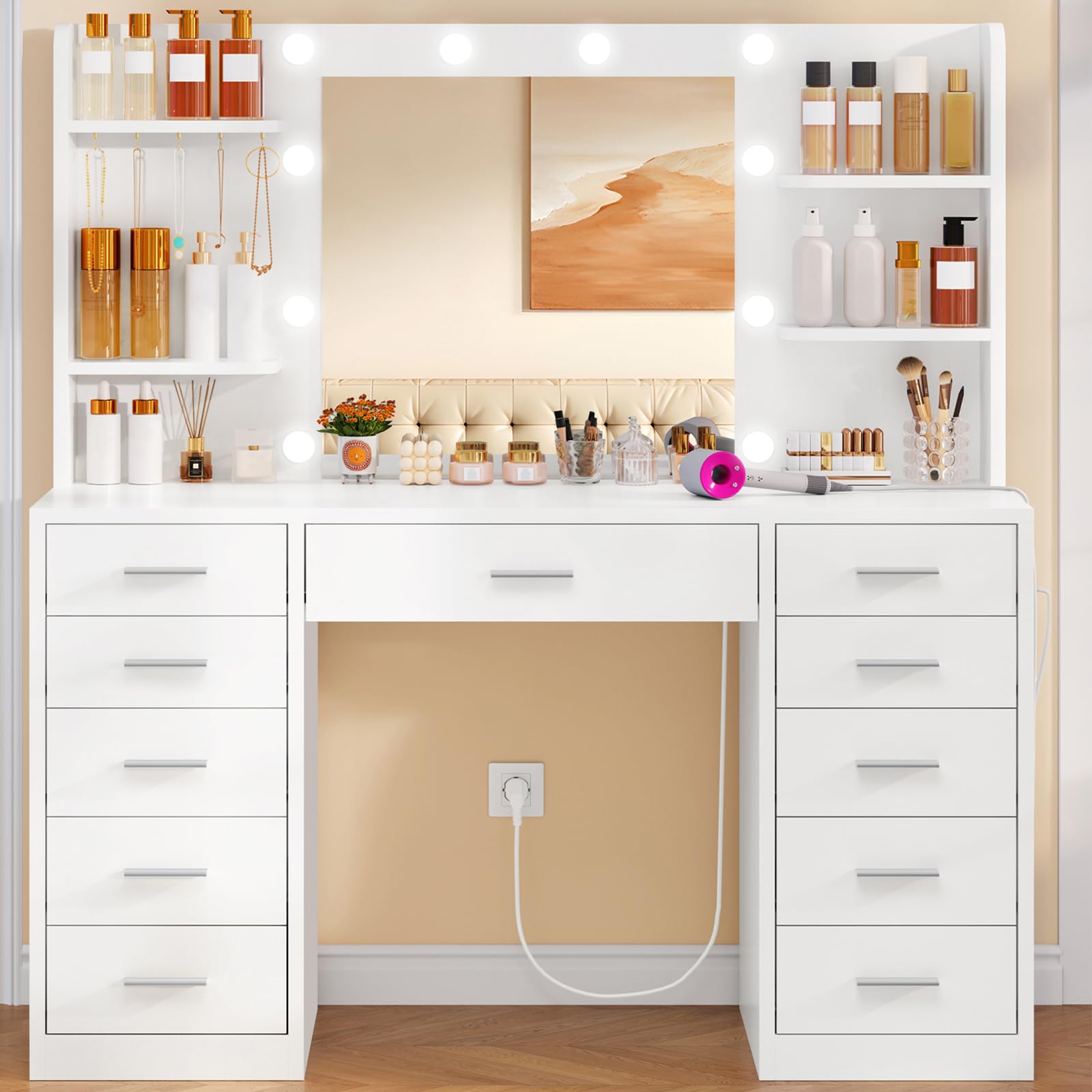 SLINEMO Large Dressing Table with LED Lighting and Sockets, 11-Drawer Vanity Desk with Mirror & 5 Jewellery Hooks, White Bedroom Vanity Table with 4 Storage Shelves